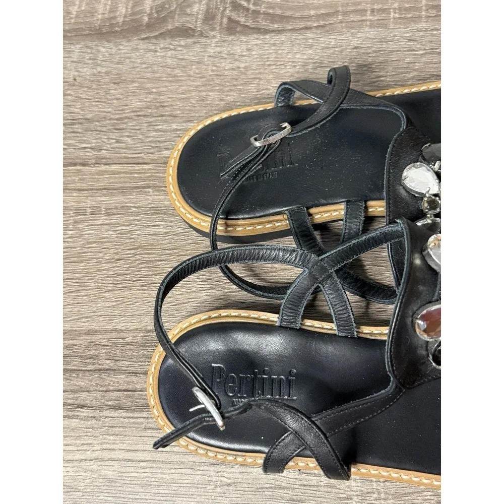 Pertini Black Jeweled Leather thong sandals ankle buckle Women's Sz 8 Made Spain